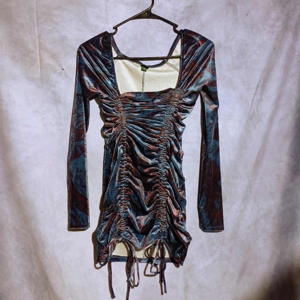 Wild‎ Fable Blue Marbled Long Sleeve Ruched Velvet Bodycon Dress